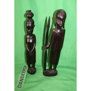 Vintage Pair Of Hand Carved Ebony Ironwood African Warrior Figures 14" Tall